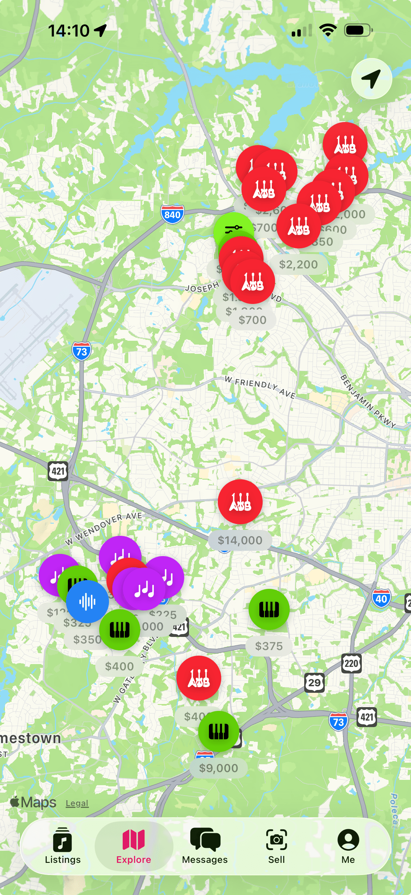 Delay app showing music gear listings on a map